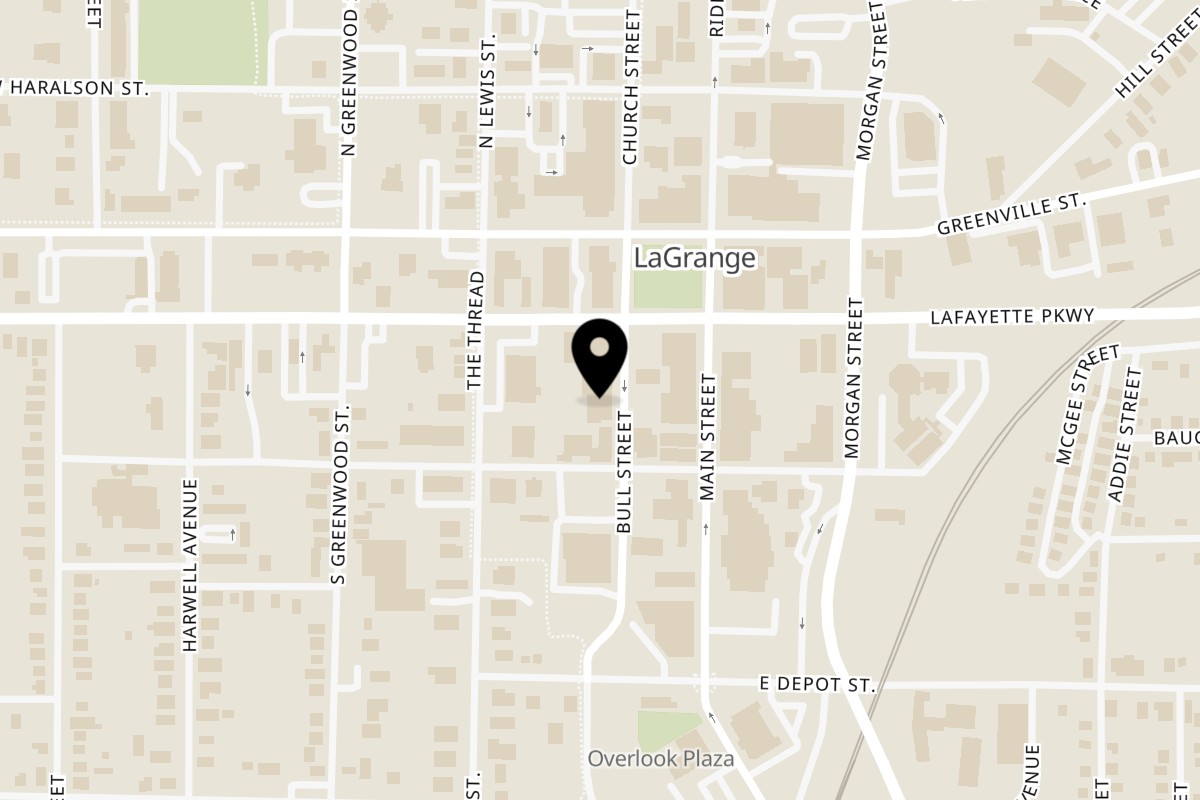 Map showing the location of Spice Wing Downtown LaGrange on 120 Bull St in LaGrange